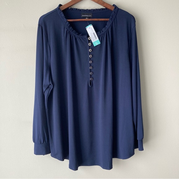 Fortune + Ivy Tops - Fortune‎ & Ivy 2X Long Sleeve Ruffle Neck Blouse Top Navy Blue